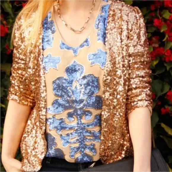 NWT Tracy Reese x Neiman Marcus Blue Sequin Short Sleeve Blouse Top S - Picture 2 of 12